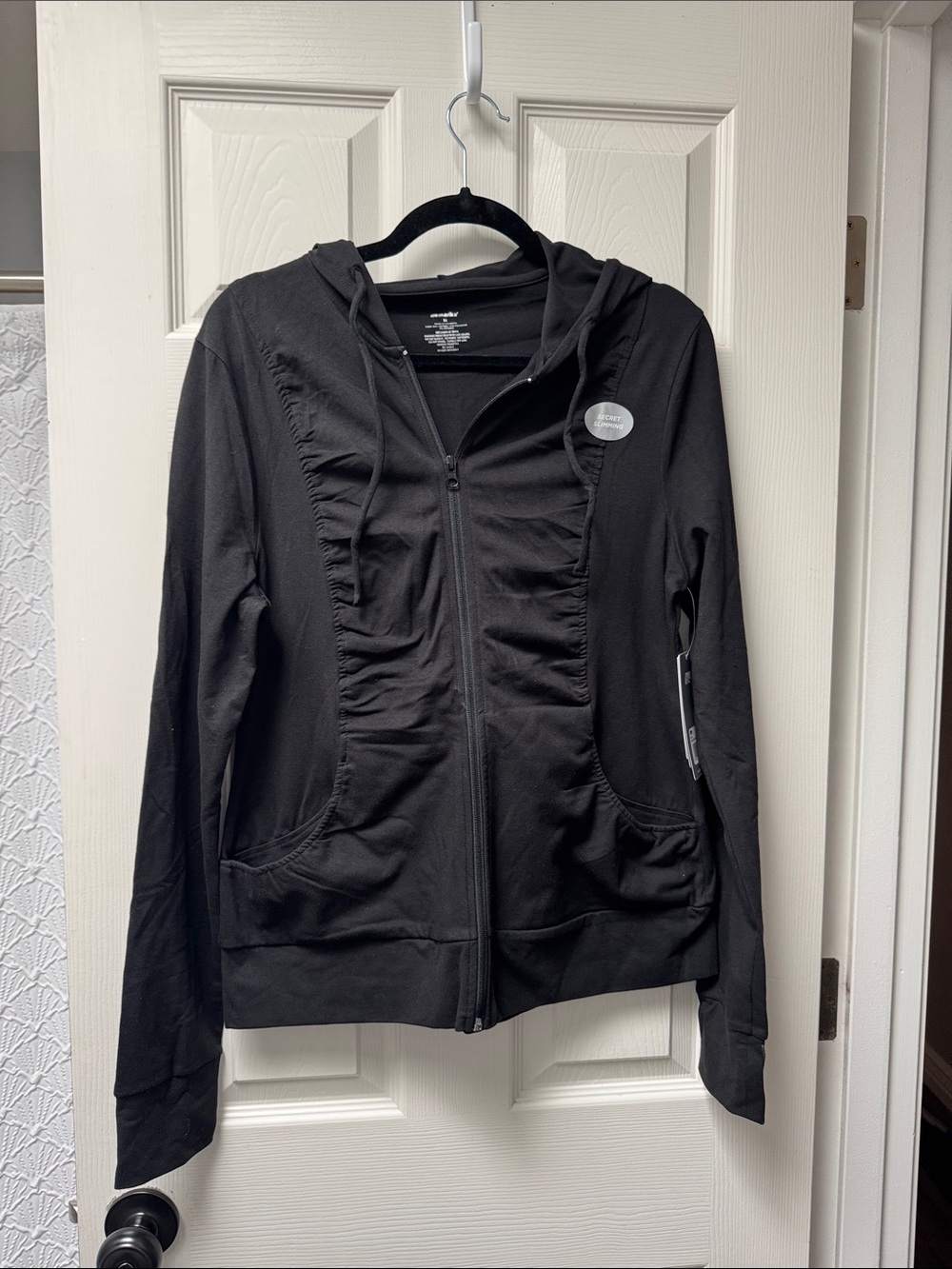 Marika Black Hooded Zip-Up Jacket with Ruched Front